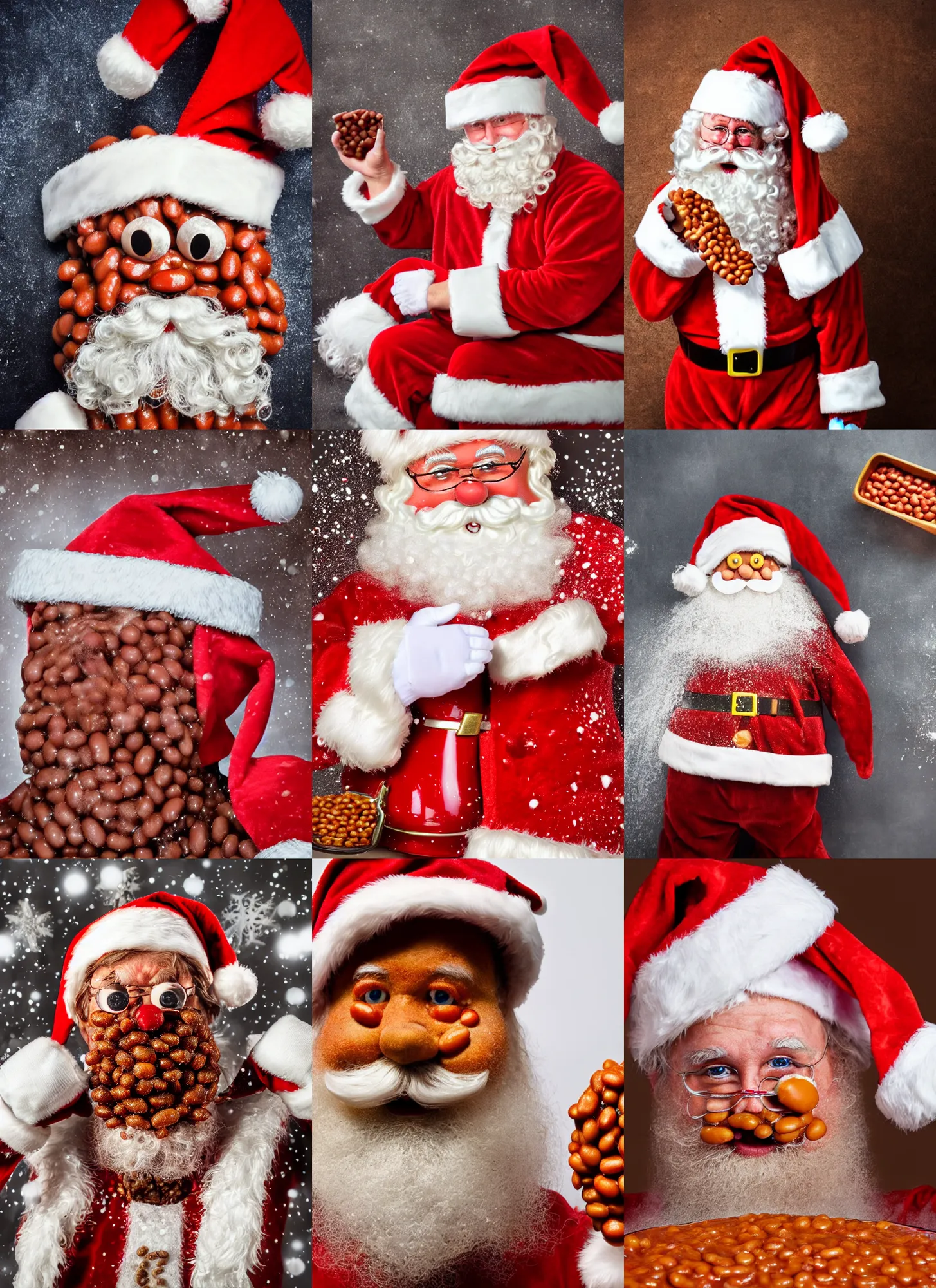 Prompt: santa claus covered in baked beans, dripping wetly with baked beans, photography 4 k