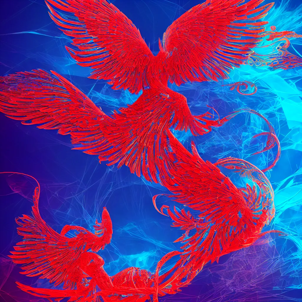 Prompt: filigree phoenix, anaglyph red blue, octane render, houdini, generative art, graphic design, stunning, colorful, trending on artstation, behance HD, 8k,4k