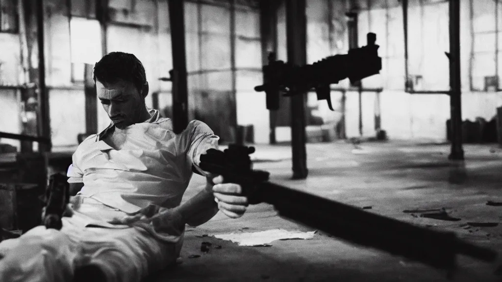 Image similar to film still of a wounded man in a white shirt laying in a warehouse next to a gun on the ground. moody, grainy, 4 k, high detail, aesthetic, good composition, anatomically correct, directed by wes anderson,