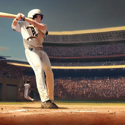 Image similar to baseball player hitting the ball with the baseball bat in the middle of the game and in front of everyone in the stadium, james gurney painting style, greg rutkowski, artstation, octane render, unreal engine 5