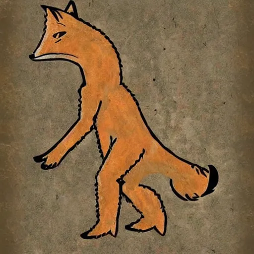 Image similar to neolithic cave painting of a half-fox warrior. strong and powerful anthropomorphic fox. gorgeous eyes. Bipedal foxman holding spear. carvings, cave scratches in cave wall. art by homo erectus. earthen colors