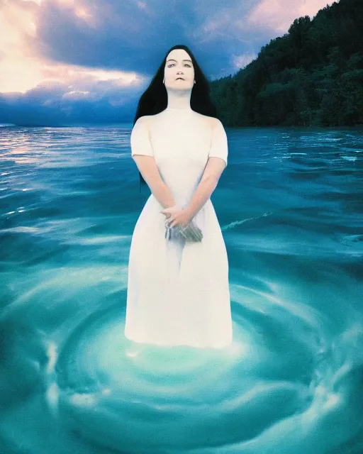 Image similar to a woman in a white dress standing in the water, an album cover by stanley twardowicz, trending on cg society, retrofuturism, retrowave, chillwave, synthwave