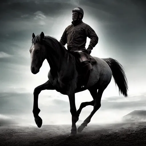 Prompt: hyper realistic picture of the horse rider of the apocalypse decending the sky on the verge of human extintion, deep shadows, high contrast, ash atmospher, nuclear winter