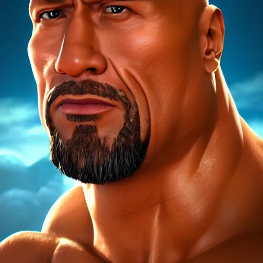 Image similar to dwayne johnson, portrait, face symmetry, centered, anime style, disney character style, octane render, symetrical portrait, 3 d, pixar, disney, epic lighting, cinematic composition, hyperrealistic, 8 k