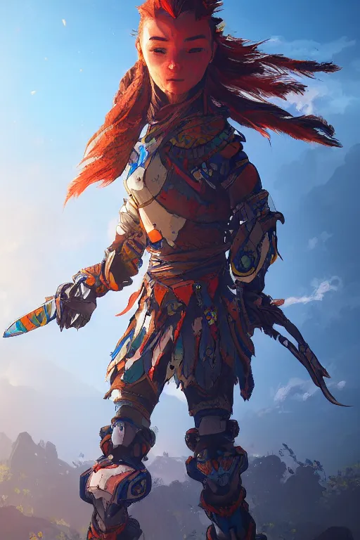 Image similar to combination suit armor aloy horizon forbidden west horizon zero dawn radiating a glowing aura global illumination ray tracing hdr fanart arstation by ian pesty and alena aenami artworks in 4 k tribal robot ninja mask helmet backpack