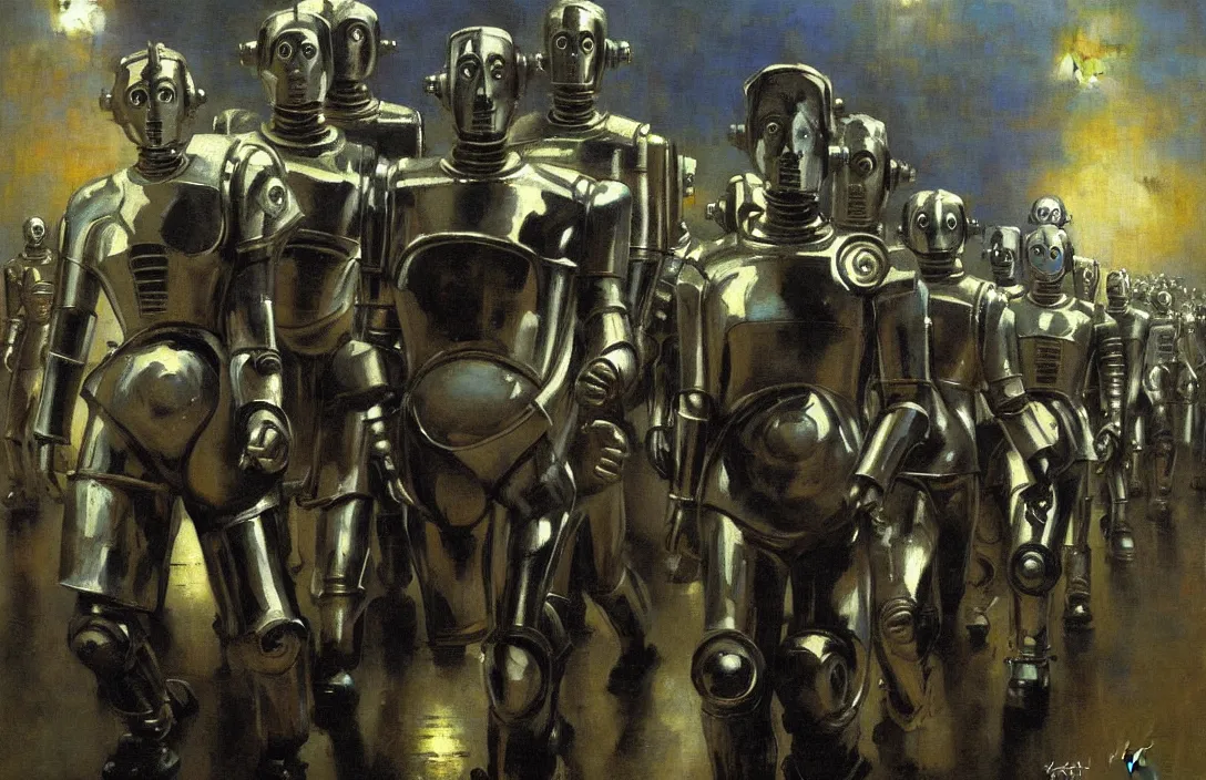 Image similar to march of the cybermen, detailed painting, epic lighting, by ilya repin, phil hale and kent williams