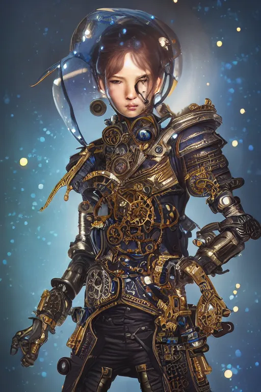 Prompt: Portrait of a steampunk sci-fi cyborg samurai, third person, D&D, sci-fi fantasy, intricate, blue and gold, highly detailed , art by Range Murata, highly detailed, 3d, octane render, bright colors, digital painting, trending on artstation, sharp focus, illustration style of Stanley Artgerm,