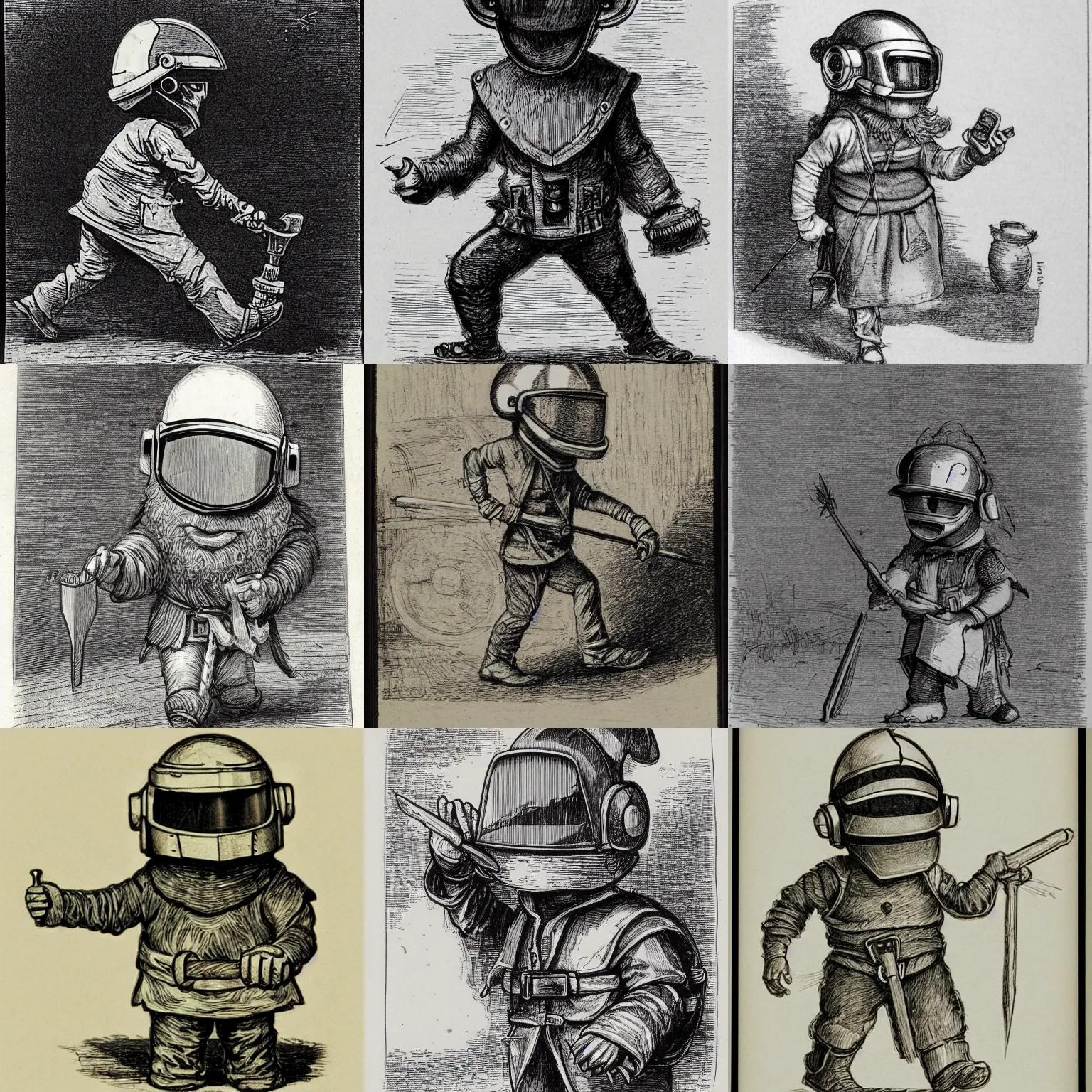Prompt: sketch of a cute funny chibi dnd gnome woodworker wearing a daft punk helmet and walking, etching by louis le breton, 1 8 6 9, 1 2 0 0 dpi scan