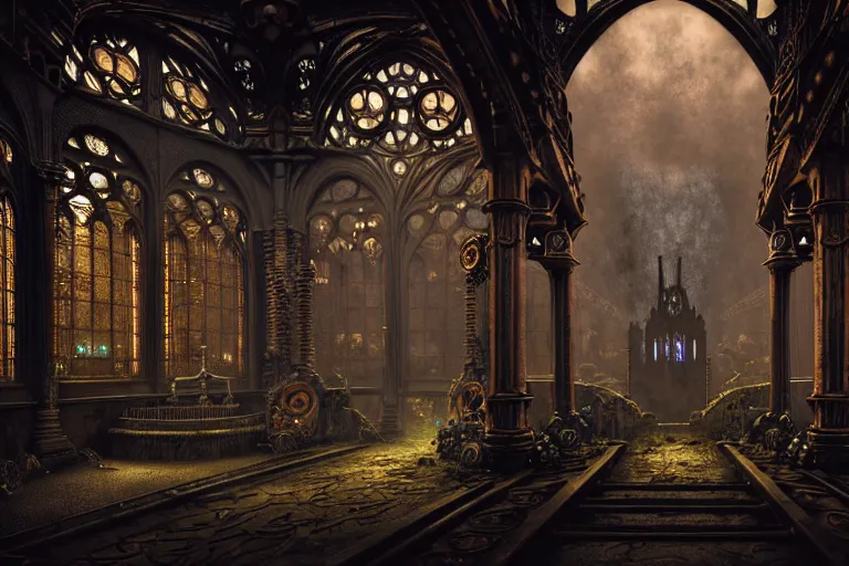 Image similar to steam necropolis, memento mori, gothic, neo - gothic, art nouveau, hyperdetailed copper patina medieval icon, stefan morrell, philippe druillet, ralph mcquarrie, concept art, steampunk, unreal engine, detailed intricate environment, octane render, moody atmospherics, volumetric lighting, ultrasharp, ominous, otherworldly