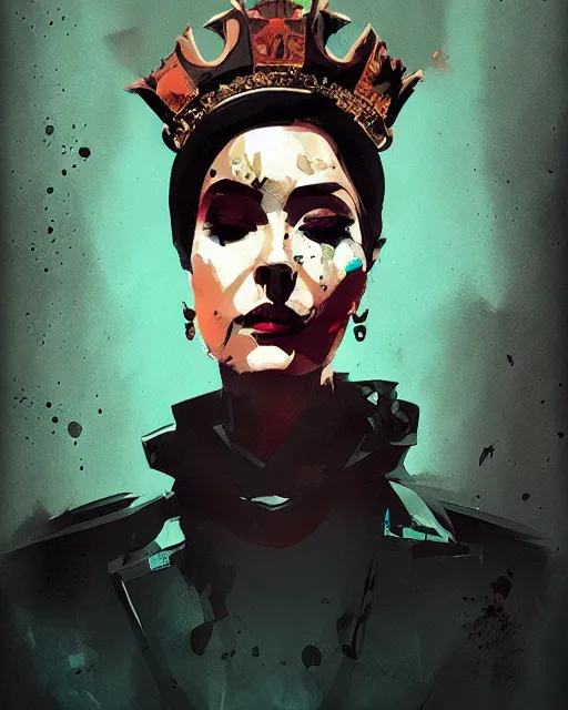 Image similar to mafia queen portrait, corrupted crown, dripping black gold paint, ismail inceoglu, tom whalen