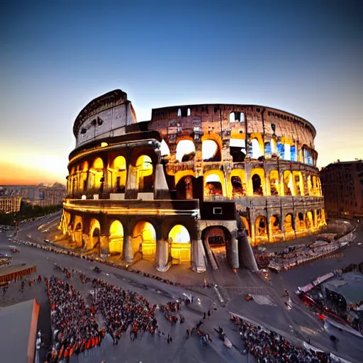 Image similar to the roman colosseum designed by zaha hadid, overhead view, golden hour, 4K Photograph