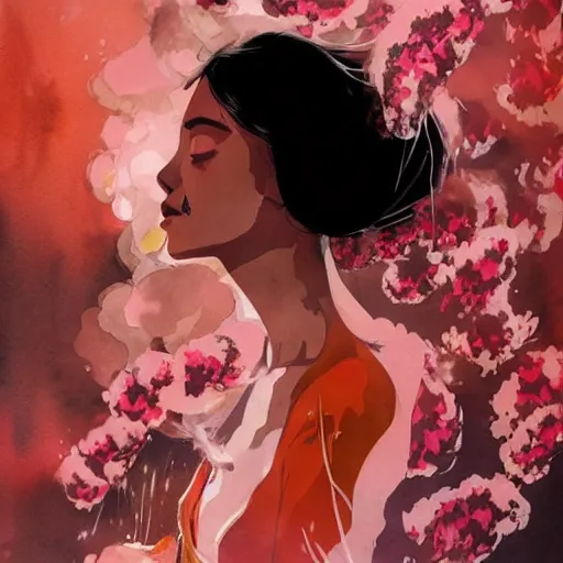 Image similar to candid portrait of very beautiful young filipino woman, surrounded by dramatic swirling smoke and flowers, dark background, by conrad roset, watercolor trending on artstation