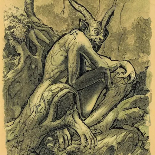 Prompt: A picture of a benign magical homanoid creature sitting on a rock in the forest eating one apple, thinking pose, looking in the distance, style of Petar Meseldžija, detailed, fanstasy