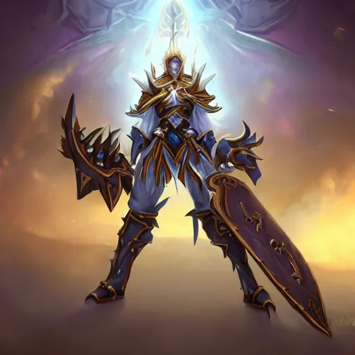 Image similar to world of warcraft lightforged paladin, artstation hall of fame gallery, editors choice, #1 digital painting of all time, most beautiful image ever created, emotionally evocative, greatest art ever made, lifetime achievement magnum opus masterpiece, the most amazing breathtaking image with the deepest message ever painted, a thing of beauty beyond imagination or words