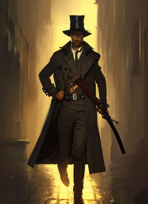 Image similar to portrait of a detective wearing trench coat and smoking puro, holding a sword, victorian, concept art, detailed face, fantasy, close up face, highly detailed, cinematic lighting, digital art painting by greg rutkowski