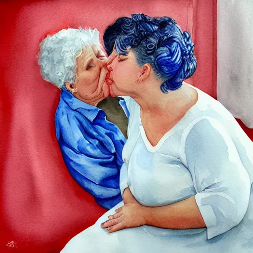 Image similar to a very funny realistic style watercolor painting of a sweet fat old woman kissing her reflection. symmetrical face, red mouth, blue eyes. a flowered dress. a hyper - realistic scene. 3 d, octane processing, deep focus, white scene. a very funny and sweet picture. unreal engine. watercolor. fellini cinematic style. poster quality. freud painting style