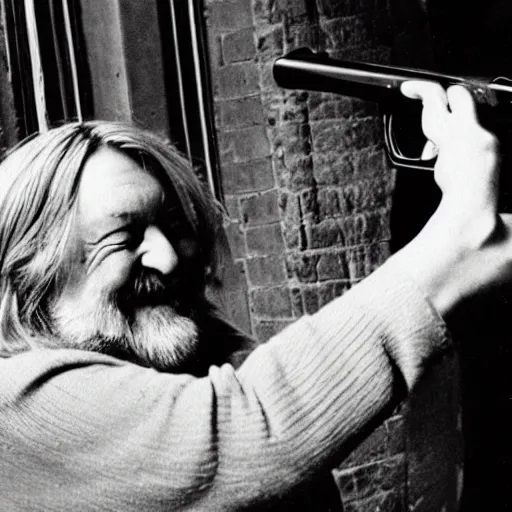 Prompt: robert wyatt laughing maniacally and shooting the view with his gun