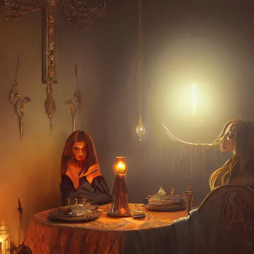 Prompt: Seance table, Hyper-realistic, 4K, Highly Detailed, HD, Dramatic Lighting by Brom, golden hour, trending on Artstation