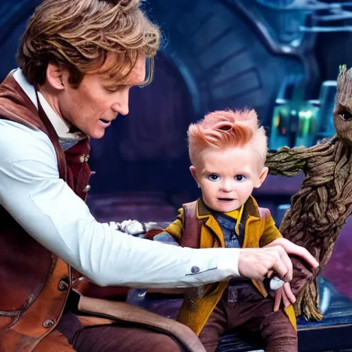 Prompt: newt scamander taking care of baby groot from guardians of the galaxy