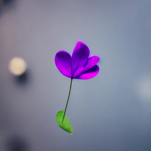 Prompt: closeup photo of lone purple petal flying above a city, aerial view, shallow depth of field, cinematic, 8 0 mm, f 1. 8