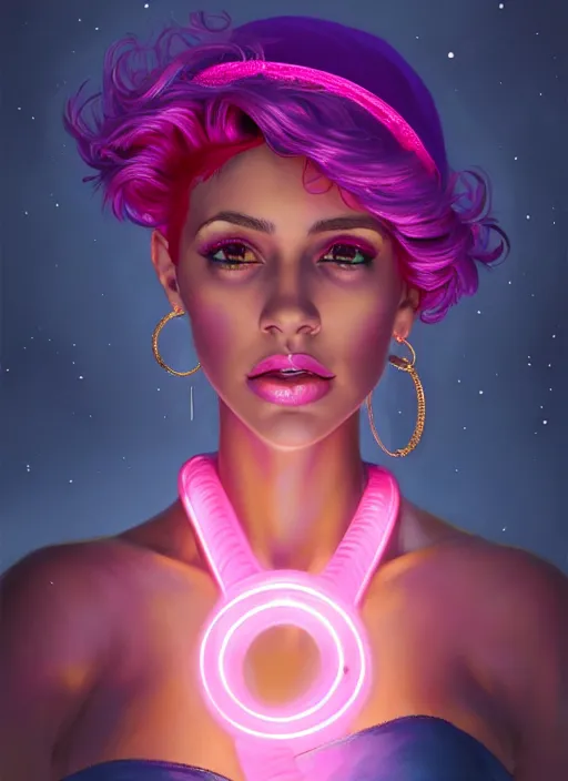 Image similar to portrait of vanessa morgan with bright pink hair, curly pixie cut hair, wearing a purple breton cap, breton cap, hoop earrings, intricate, elegant, glowing lights, highly detailed, digital painting, artstation, concept art, smooth, sharp focus, illustration, art by wlop, mars ravelo and greg rutkowski