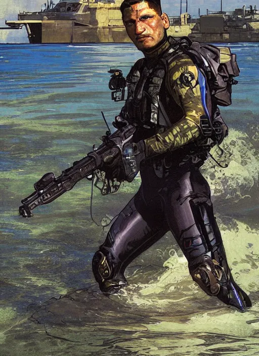 Prompt: Hector. USN blackops operator emerging from water at the shoreline. Agent wearing Futuristic wetsuit and looking at an abandoned shipyard. rb6s, MGS, and splinter cell Concept art by James Gurney, Alphonso Mucha. Vivid color scheme.