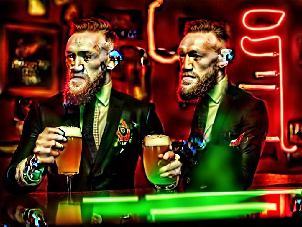 Prompt: a well framed portrait of conor mcgregor drinking a beer in an irish pub with a neon bar, laser lighting, trending on art station, in the style of the movie heat with al pacino, volumetric lighting & shadows, hyper detailed, digital art, unreal engine, 4 0 0 mm f 1. 8,