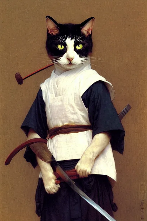 Image similar to portrait of a cat samurai, wearing samurai armor and helmet, majestic, solemn, by bouguereau