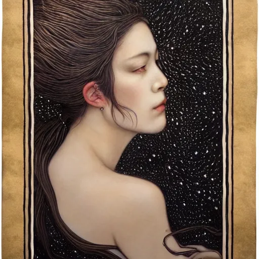 Image similar to by chie yoshii threatening. a beautiful land art of a woman with long flowing hair, wild animals, & a dark, starry night sky.