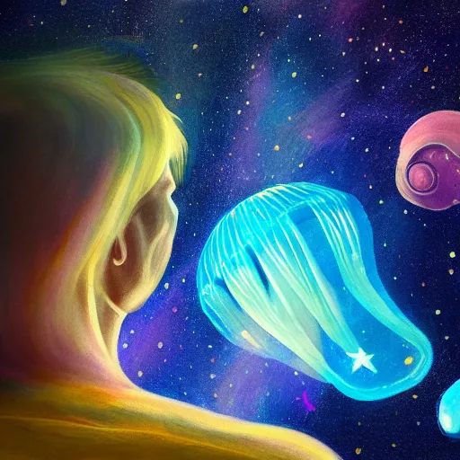 Image similar to over the shoulder painting of a man watching many magic glowing jellyfish in glowing cosmic stardust, colorful stars, galaxies, space, award winning photo, intricate, high detail, atmospheric, desolate, artstation