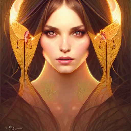 Image similar to symmetry portrait of brunette princess, glam, fae, fireflies, forest background, intricate, elegant, highly detailed, digital painting, artstation, concept art, smooth, sharp focus, illustration, art by artgerm and greg rutkowski and fra angelico and alphons mucha