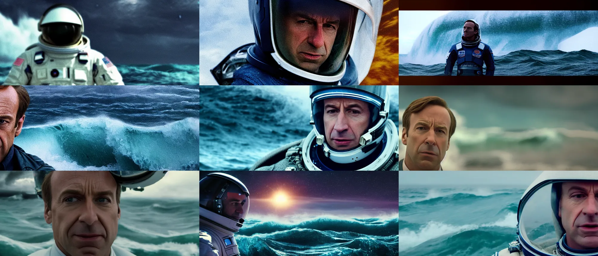 Prompt: on ocean , bokeh !!cinematic close up shot of saul goodman wearing the spacesuit in scene from the movie interstellar ,shady dull weather, panorama,natural dull colours, anamorphic, epic cinematic, DOF,exteremely giant ocean wave in background