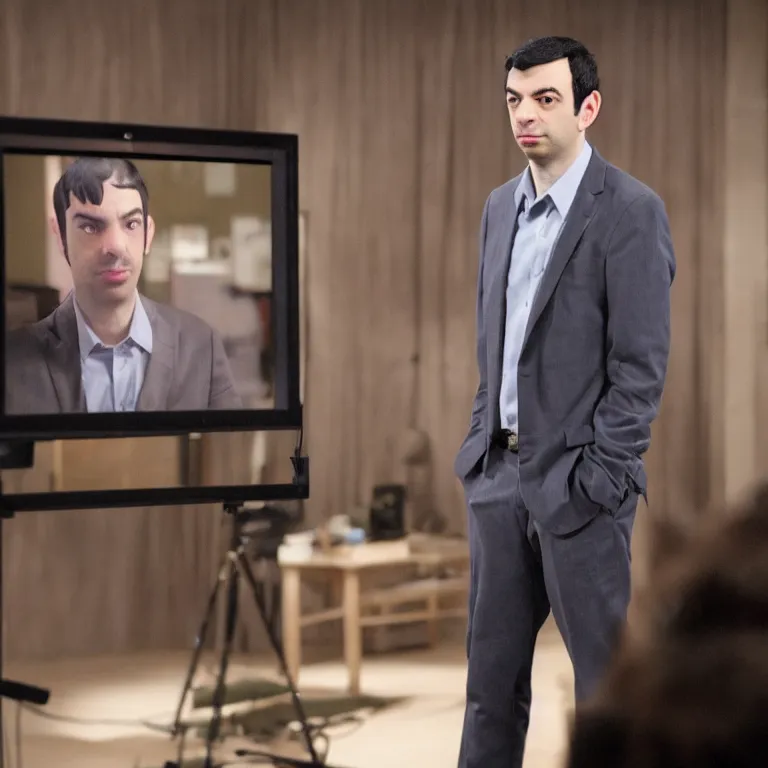 Image similar to dslr photograph of nathan fielder from nathan for you on comedy central controlling a puppet version of himself filmed by a tv crew, high detail!!! 8 k photorealism sharp focus volumetric lighting, coherent!!! art directed, rule of thirds,