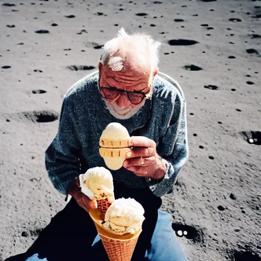 Prompt: an elderly man on the surface of the moon, 🌕, 🍦, eating ice cream, tourist, canon eos r 3, f / 1. 4, iso 2 0 0, 1 / 1 6 0 s, 8 k, raw, unedited, symmetrical balance, wide angle