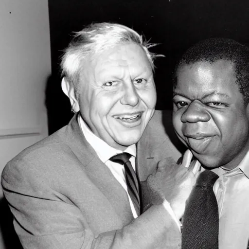 Prompt: smiling David Attenborough holding up Gary Coleman by the head,