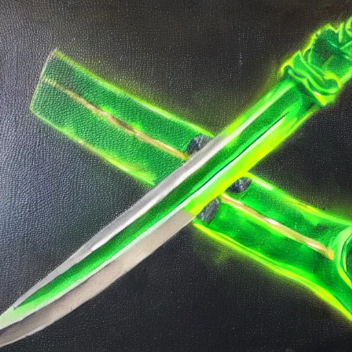 Image similar to Oil painting concept art of a magical acid sword glowing bright green, very intricate hilt, green color scheme, highly detailed concept art.