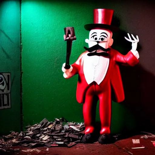 Image similar to Creepy Mr Monopoly animatronic, rusted and abandoned, far away, dark, ominous lighting