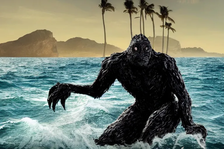 Image similar to 2 0 2 0 sighting of a weird dark creature with the face of capitalism rising out of the water on the beach, monster ashore, highly detailed, cinematic,