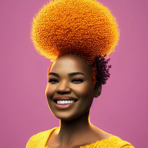 Image similar to portrait of a smiling beautiful black woman who looks like nia long with big curly afro surrounded by falling flower petals with lush savannah in the background by argerm, face by wlop, full color digital illustration trending on artstation, octane render