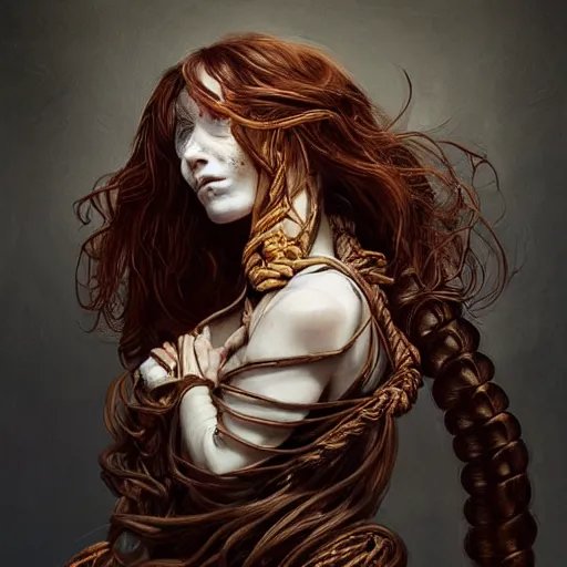 Image similar to portrait of a Shibari rope wrapped face and neck, headshot, insanely nice professional hair style, dramatic hair color, digital painting, of a old 17th century, old cyborg merchant, amber jewels, baroque, ornate clothing, scifi, realistic, hyperdetailed, chiaroscuro, concept art, art by Franz Hals and Jon Foster and Ayami Kojima and Amano and Karol Bak,