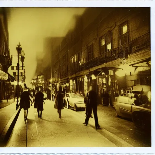 Prompt: a street level Polaroid of a steampunk city street, with people walking on the streets, at night