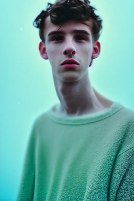 Image similar to high quality pastel coloured film mid angle docu photograph of a beautiful young 2 0 year old male, soft features, short black hair, extremely oversized clothing!! next to icelandic black rock pool environment. atmospheric. three point light. photographic. art directed. ( pastel colours ). volumetric light. clearcoat. waves glitch. 8 k. filmic.