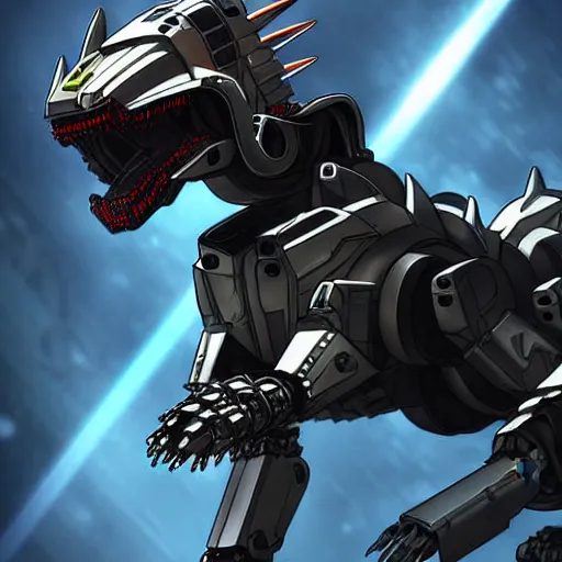 Prompt: hyper realistic, epic, highly detailed cinematic full body shot of a mecha canine, sharp claws, sleek armor, glowing visor, destroying city, digital art, furry art, dragon art, zoids art, furaffinity, deviantart