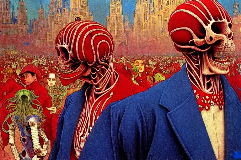 Prompt: realistic detailed closeup portrait painting of a single skeleton wearing red velvet blazer in a crowded futuristic moscow street by Jean Delville, Amano, Yves Tanguy, Alphonse Mucha, Ernst Haeckel, Ilya Repin, Edward Robert Hughes, Andrei Tarkovsky, Roger Dean, rich moody colours, blue eyes