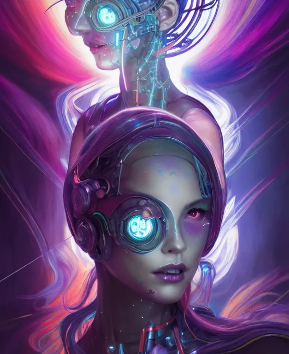 Image similar to whirlwind souls rushing inside metaverse, half body, glowin eyes, tiara, robotic, android, cyborg, cyberpunk face, by loish, d & d, fantasy, intricate, elegant, highly detailed, colorful, vivid color, digital painting, artstation, concept art, art by artgerm and greg rutkowski and alphonse mucha and ruan jia