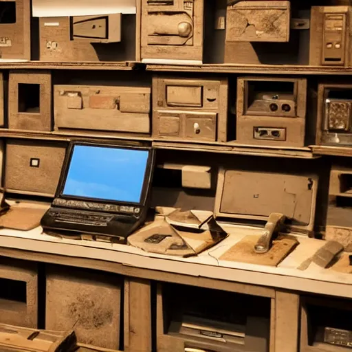 Prompt: photo of fragmented Old Computer made of Wood, Wood!! (EOS 5DS R, ISO100, f/8, 1/125,postprocessed) in a Museum