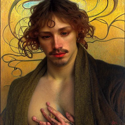 Image similar to realistic .extremely. detailed. portrait painting of an average man by Jean Delville, Amano, Yves Tanguy, Alphonse Mucha, Ernst Haeckel, Edward Robert Hughes, Roger Dean, moody colors, gold eyes