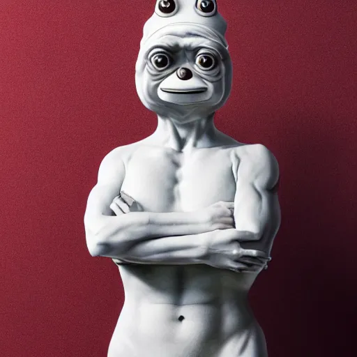 Prompt: a statue made of white marble with gold veins, of pepe the frog as general patton, full body shot, perfect symmetrical body, perfect symmetrical face, hyper realistic, hyper detailed, by johannen voss, by peter kemp, by monia merlo, by michelangelo, octane render, blender, 8 k