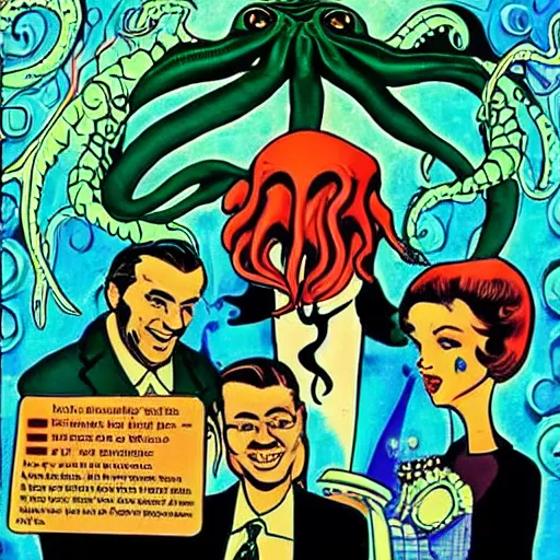 Image similar to Cthulhu as a modern day business man with a family and a drug and gambling addiction, psychedelic , 50s style infomercial , award winning , retro futuristic