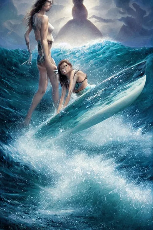 Image similar to movie poster, 2 0 0 mm, realistic photographed oil panting of a forbidden island, suicidegirls surfing beautiful waves, under the water are dead bodies and ghosts, supernatural colors, beautiful, dappled silver lighting, epic, atmospheric, highly detailed, horrific, 8 k, art by art by artgerm and greg rutkowski and edgar maxence